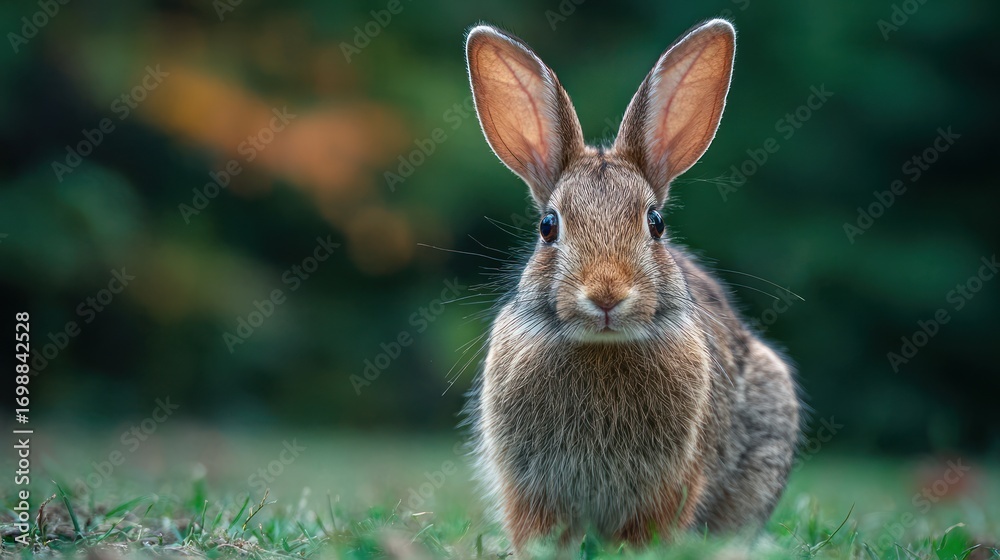Fototapeta premium A focused bunny stares directly at the viewer, ears perked, in a grassy field. A blurred background