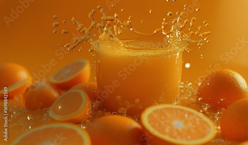Fresh Orange Juice Splashes From Clear Glass With Oranges on Yellow Background.