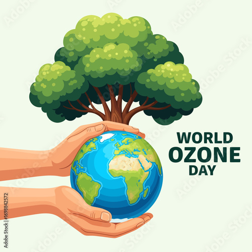 Hands hold earth under lush tree celebrating world ozone day
