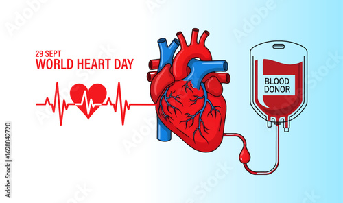 World heart day heartbeat ecg blood bag donation healthcare medical awareness event