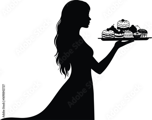 Elegant woman silhouette holding tray with assorted cupcakes and desserts, long flowing dress, detailed pastries, isolated black and white vector illustration.