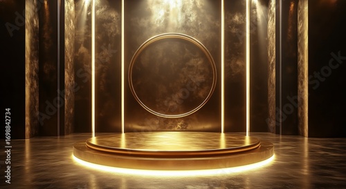 Elegant Golden Stage With a Round Platform for Product Presentation or Ceremony