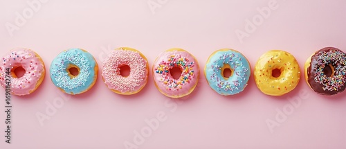 Assorted Colorful Donuts With Sprinkles Arranged on a Pink Background