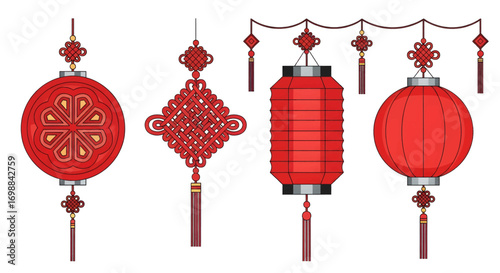 Traditional red chinese lanterns and knots for festive decorations and celebrations