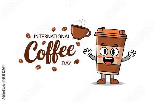 Happy international coffee day cartoon character and beans celebrating with joyful expression