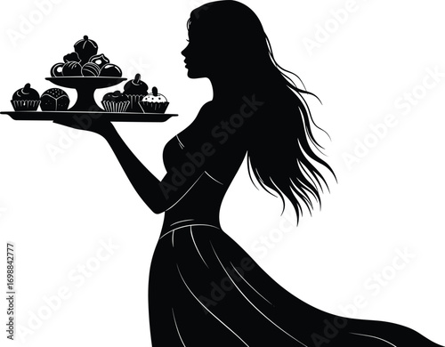 Elegant woman silhouette holding tray with assorted cupcakes and desserts, flowing dress, long hair, black and white vector art illustration.