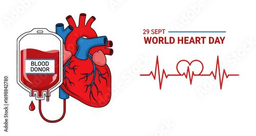 World heart day celebration with blood donation bag and ekg heartbeat graphic