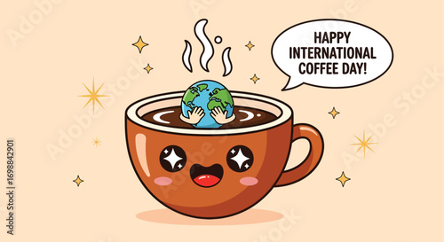 Happy international coffee day cute earth globe in coffee cup with steaming hot drink