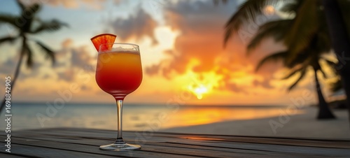 Tropical Drink Sits on a Wooden Deck at Sunset Beach During Summer Vacation