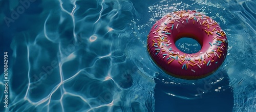 Inflatable Donut Float With Sprinkles Relaxing in Bright Blue Summer Swimming...