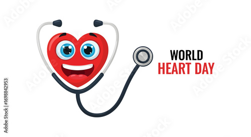 Cute cartoon heart with stethoscope celebrating world heart day health awareness