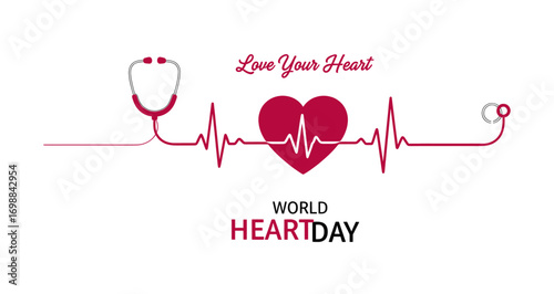 World heart day heartbeat line with stethoscope and love your heart message