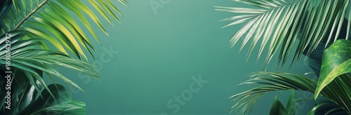 Lush Green Tropical Palm Leaves and Botanical Plant Fronds Frame Central Space