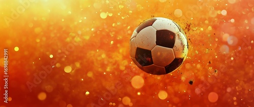 Soccer Ball With Water Splashes Against Bright Background on Warm Day.