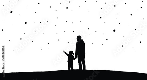 Father and Daughter Stargazing at Night in Silhouette, Sky Full of Stars, Parenting Bond, Love, Family Time, Outdoor Illustration