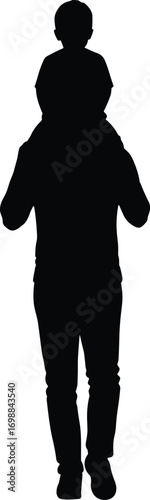 Father walking with child on shoulders, silhouette vector illustration showing love, bonding, parenting, family time, happiness, and fatherhood moment.