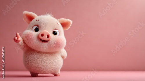 Happy cartoon pig character waving on a pink background in a playful and cheerful manner