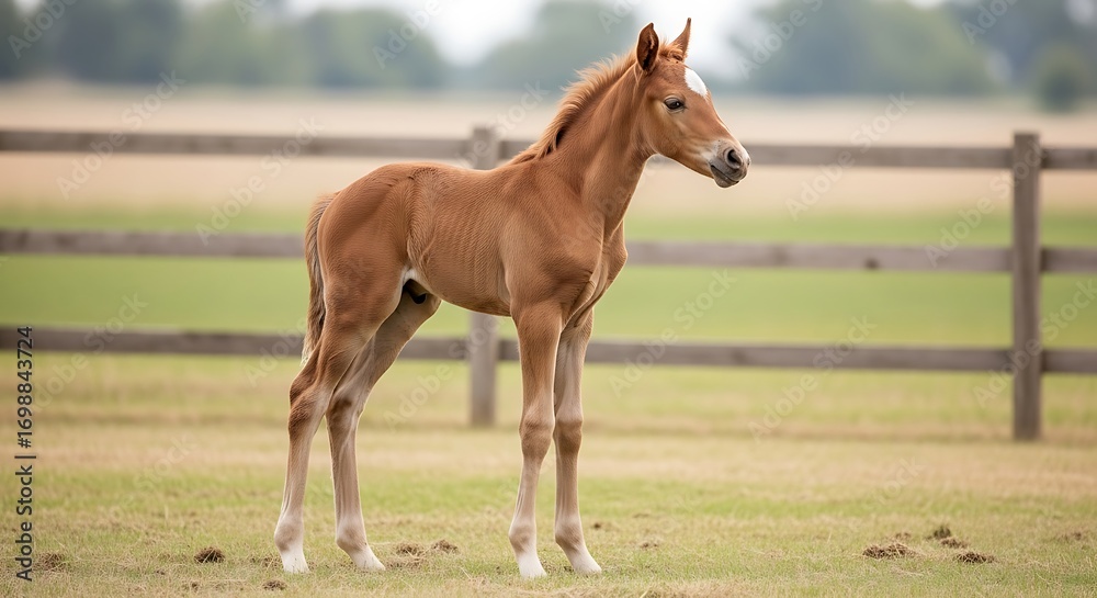 Fototapeta premium Young Foal Standing in a Grassy Paddock on a Sunny Day.