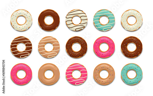 colorful tasty donut set isolated on white background. Glazed doughnuts top view collection for cafe decoration or menu design. Vector illustration