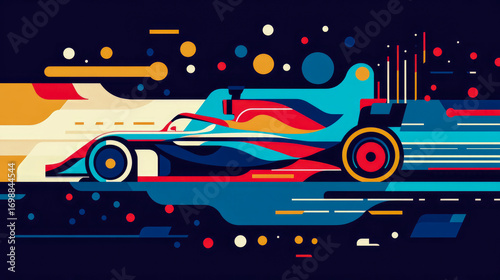 Dynamic Pop Art Rendition of High-Speed Formula 1 Car with Geometric Elements and Abstract Motion on Dark Background