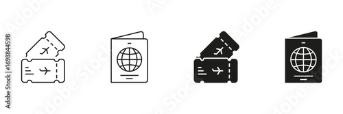 Airplane Tickets And Passport Line And Solid Icon Set. Travel Documentation, Flight Booking, And International Journey Outline And Silhouette Symbol Collection. Isolated Vector Illustration