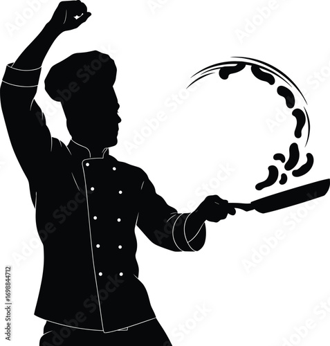 Professional chef cooking with frying pan, flipping food in kitchen, culinary expert preparing meal, gourmet cooking silhouette vector illustration.