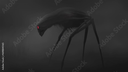 A Mystical and Ominous Entity Emerges in a Crimson Landscape, Scary Atmosphere