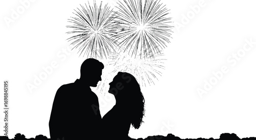 Romantic couple silhouette watching fireworks at night during celebration or festival under sky, love and relationship vector art illustration.