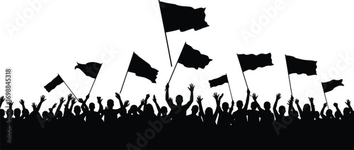 Silhouette crowd of people waving flags and cheering together, celebration, protest, unity, rally, activism, public event vector illustration.