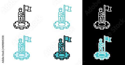 Achievement flag on a gear for success and business planning icon in line and fill style