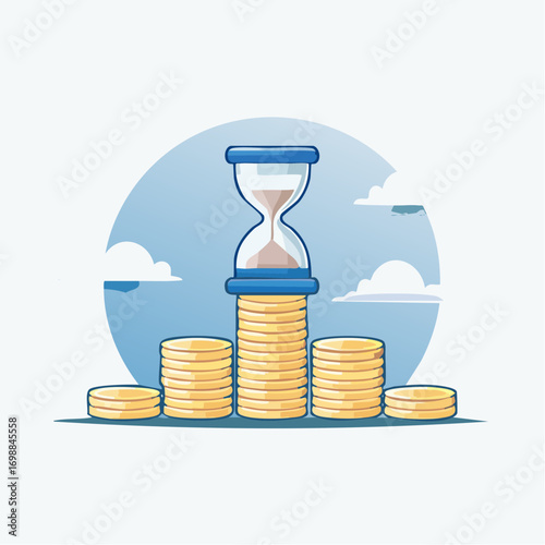 Financial Growth Depicted: An Hourglass atop Stacks of Coins in a Visual Metaphor