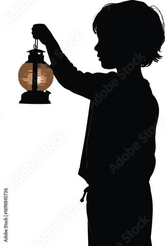 Silhouette of a child holding a vintage lantern, symbolizing curiosity, hope, light, and innocence in a peaceful nighttime scene.