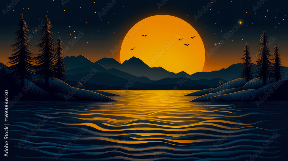 Fototapeta premium Stylized twilight landscape with colossal orange moon setting over calm lake, silhouetted mountains, and towering pine trees under star-dusted night sky
