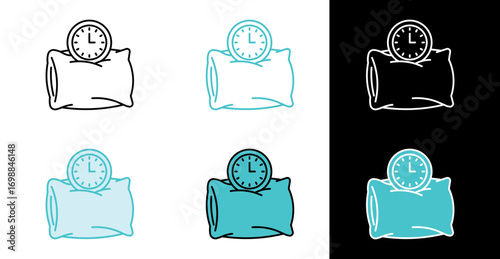 Bedtime clock on pillow for sleeping schedule icon in line and fill style