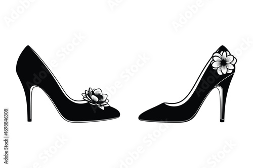 Elegant black high heel shoes with floral embellishments for women silhouette