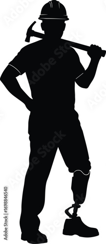 Silhouette of construction worker with prosthetic leg holding hammer, wearing hard hat, safety gear, empowerment, disability inclusion, industrial work illustration