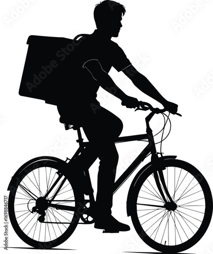 Silhouette of delivery man riding bicycle with large backpack, courier service concept, fast bike delivery, urban courier vector illustration