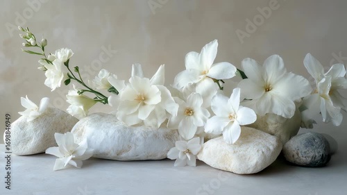 Elegant display of white flowers and stones, creating a sense of serenity