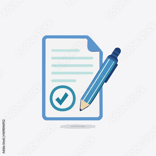 Illustration of a Document with a Check Mark and Pen Indicating Agreement and Completion