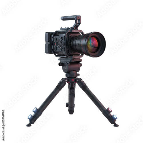 Professional video camera on tripod isolated on transparent background