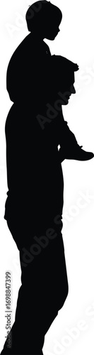 Silhouette of father carrying child on shoulders, joyful bonding, loving family moment, parenting concept, fatherhood vector illustration on white.
