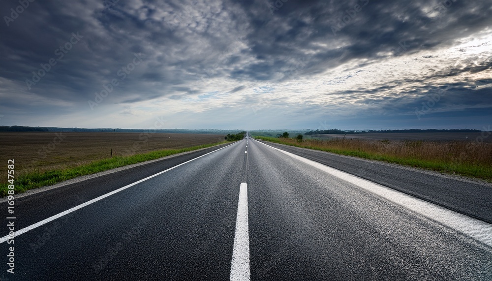 Naklejka premium a long highway stretches into the distance with clear white lines on a freshly paved asphalt surface under a dark sky