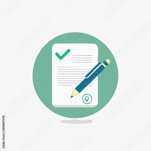 Illustrative depiction of approved document, contract, or agreement, with green checkmark and pen