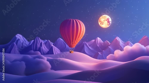 A Majestic Journey: Hot Air Balloon Adventure in a Dreamy Nightscape with Mountains