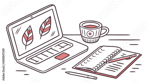 Cozy workspace illustration showing open laptop, notepad, pen, coffee for productive remote work and design