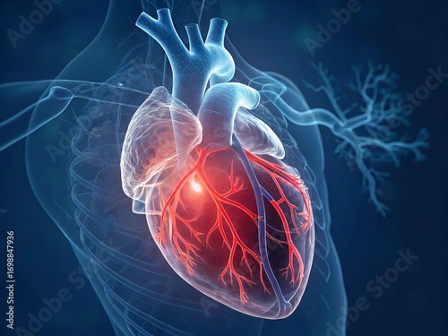 Digital Medical Visualization of Human Heart with Red Pain Glow