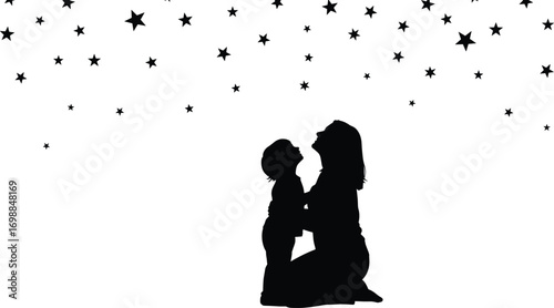 Silhouette of Mother and Child Stargazing Together at Night Sky with Stars, Family Love, Bonding, Parenting, and Dreams Concept