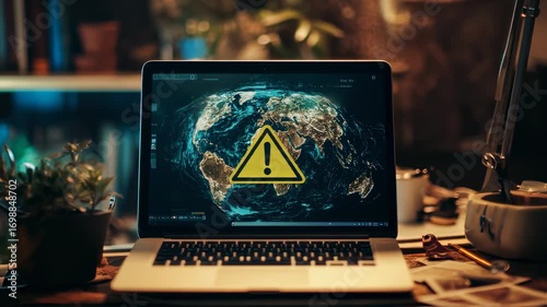 Warning Sign Displayed on Laptop Screen with Global Map, Alert and Security Concept