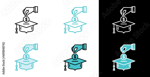 Hand dropping dollar coin into a graduation cap for education funding icon in line and fill style