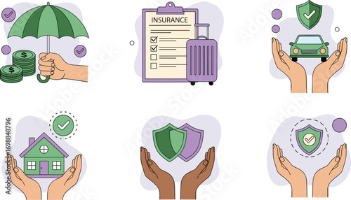 Insurance & Financial Protection Vector Illustrations – Hands Holding Car, House, Umbrella, Presenting Health, Vehicle, Property, Life and Travel 